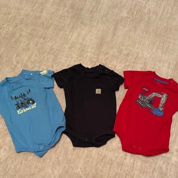 Carhartt Other - Carhartt Baby Boys 3 Pack Bodysuits 6M Black Blue Red Excavator ATV Pocket Logo